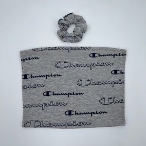 Reworked 1/1 Champion Tube Top and Scrunchie Set Gray and Blue Medium